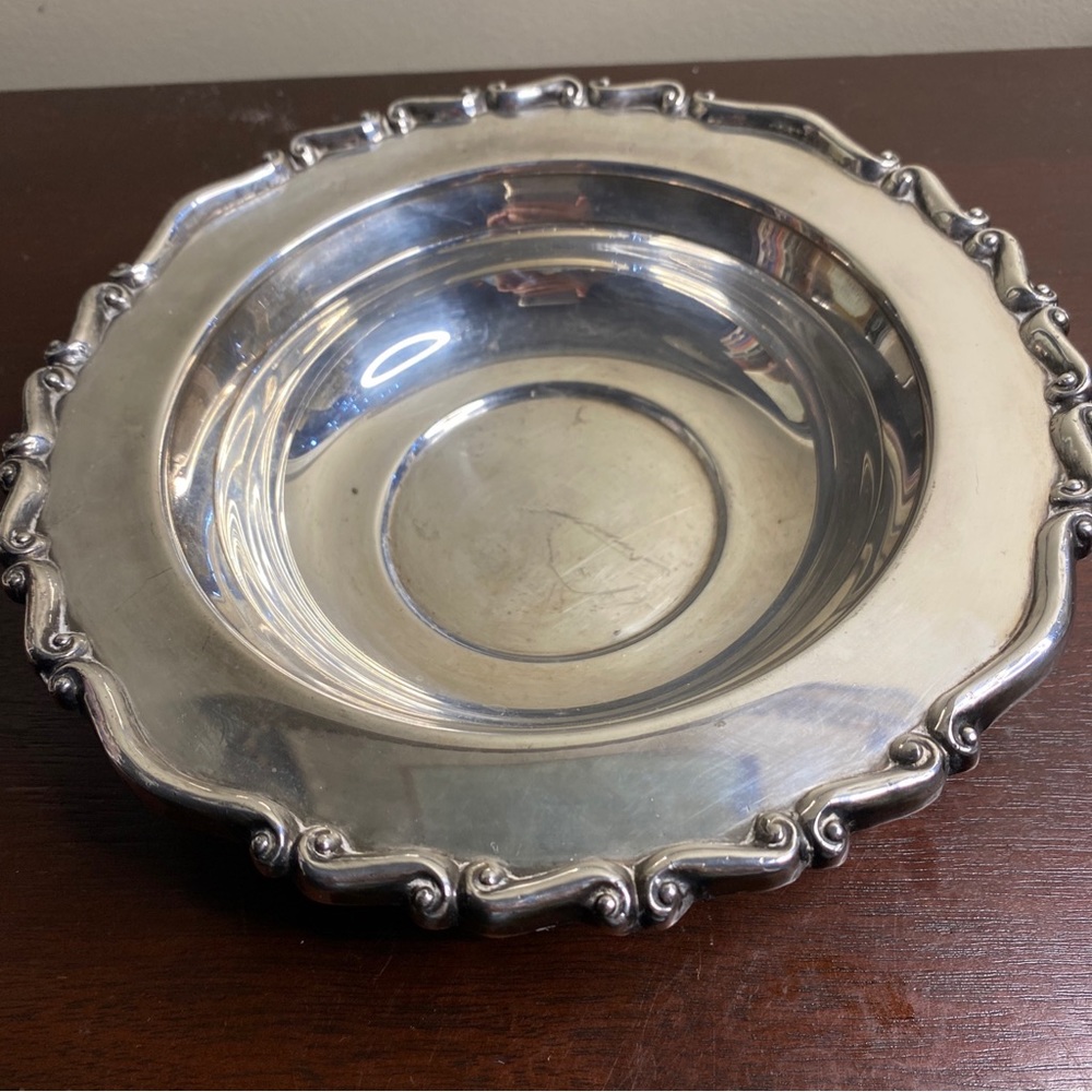 Vintage F B Rogers heavy, quality silver plated 8” bowl with elegant, scroll rim